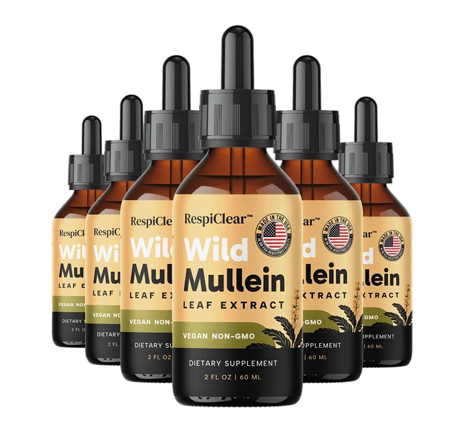 Six bottles of RespiClear Wild Mullein Leaf Extract dietary supplement, 2 fl oz each